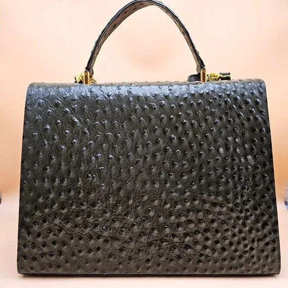 Andalossi Ostrich Embossed Leather Satchel Handbag With Lock‎ Charm and Dust Bag
